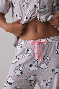 Snoopy Pastel Cheetah Print Notch Collar Short Sleeve Top + Pants 2-Piece PJ Set