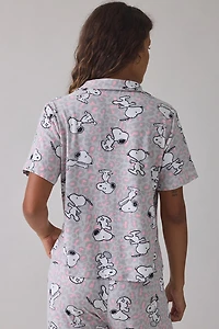 Snoopy Pastel Cheetah Print Notch Collar Short Sleeve Top + Pants 2-Piece PJ Set