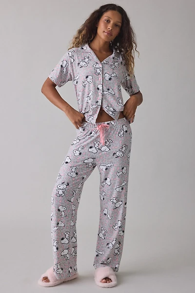 Snoopy Pastel Cheetah Print Notch Collar Short Sleeve Top + Pants 2-Piece PJ Set