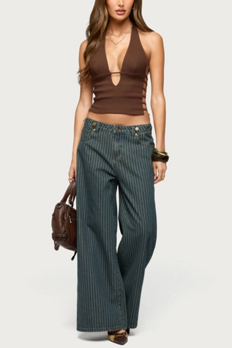 Edikted Button Pinstripe Low Rise Baggy Jean