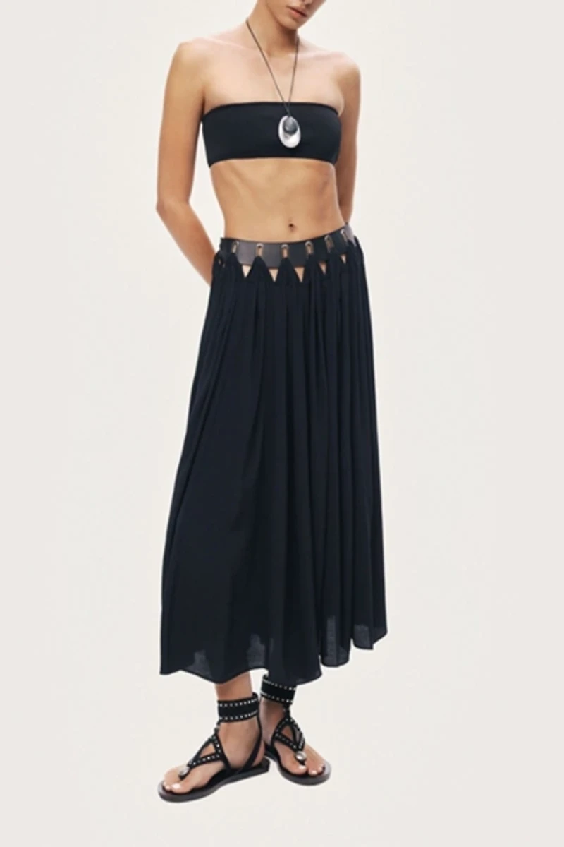 Nocturne Pleated Ring-Detail Midi Skirt