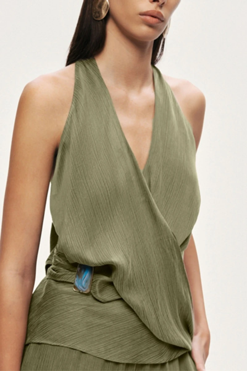 Nocturne Asymmetric Halter Wrap Top