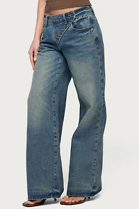 Edikted Moxlan Slanted Button Low Rise Baggy Jean