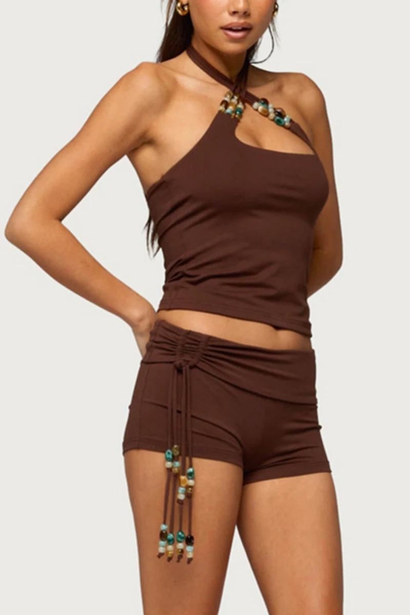 Edikted Thia Ruched Bead Foldover Shorts