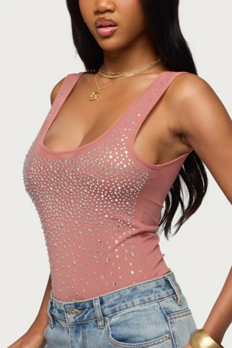 Edikted Angelita Rhinestone Sheer Mesh Bodysuit
