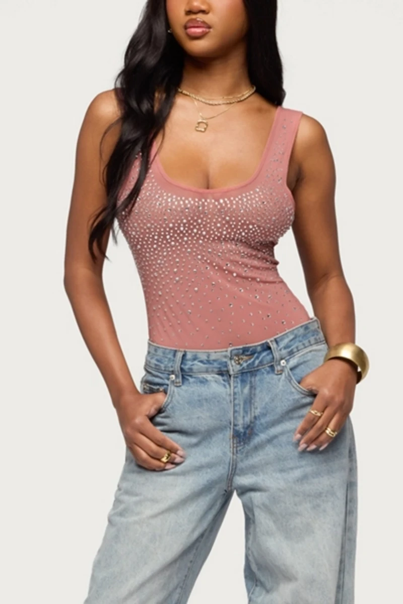 Edikted Angelita Rhinestone Sheer Mesh Bodysuit
