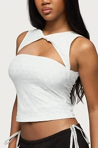 Edikted Elisia Twist Cutout Flower Lace Top