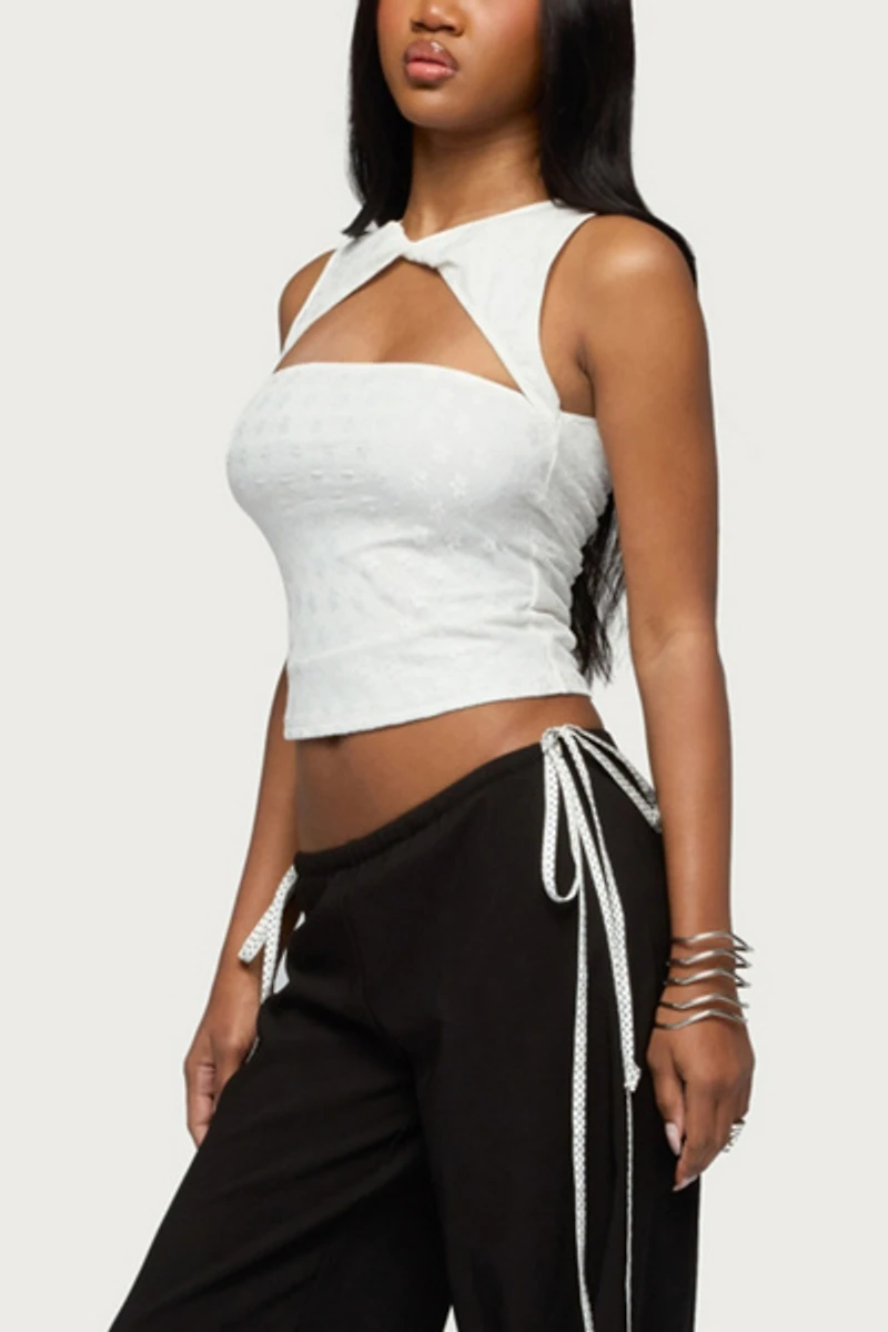 Edikted Elisia Twist Cutout Flower Lace Top