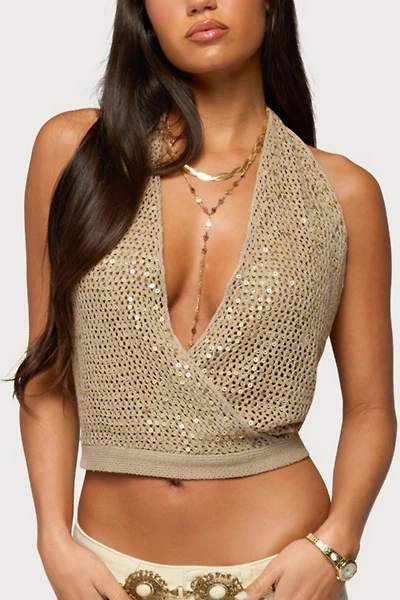 Edikted Sequin Crochet Backless Halter Top