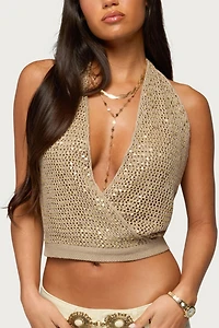 Edikted Sequin Crochet Backless Halter Top