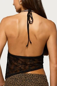 Edikted Asymmetric Fringe Sheer Lace Halter Top