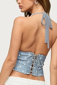Edikted Lacey Polka Dot Lace Up Halter Top