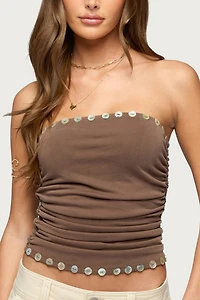 Edikted Marey Iridescent Ruched Strapless Top