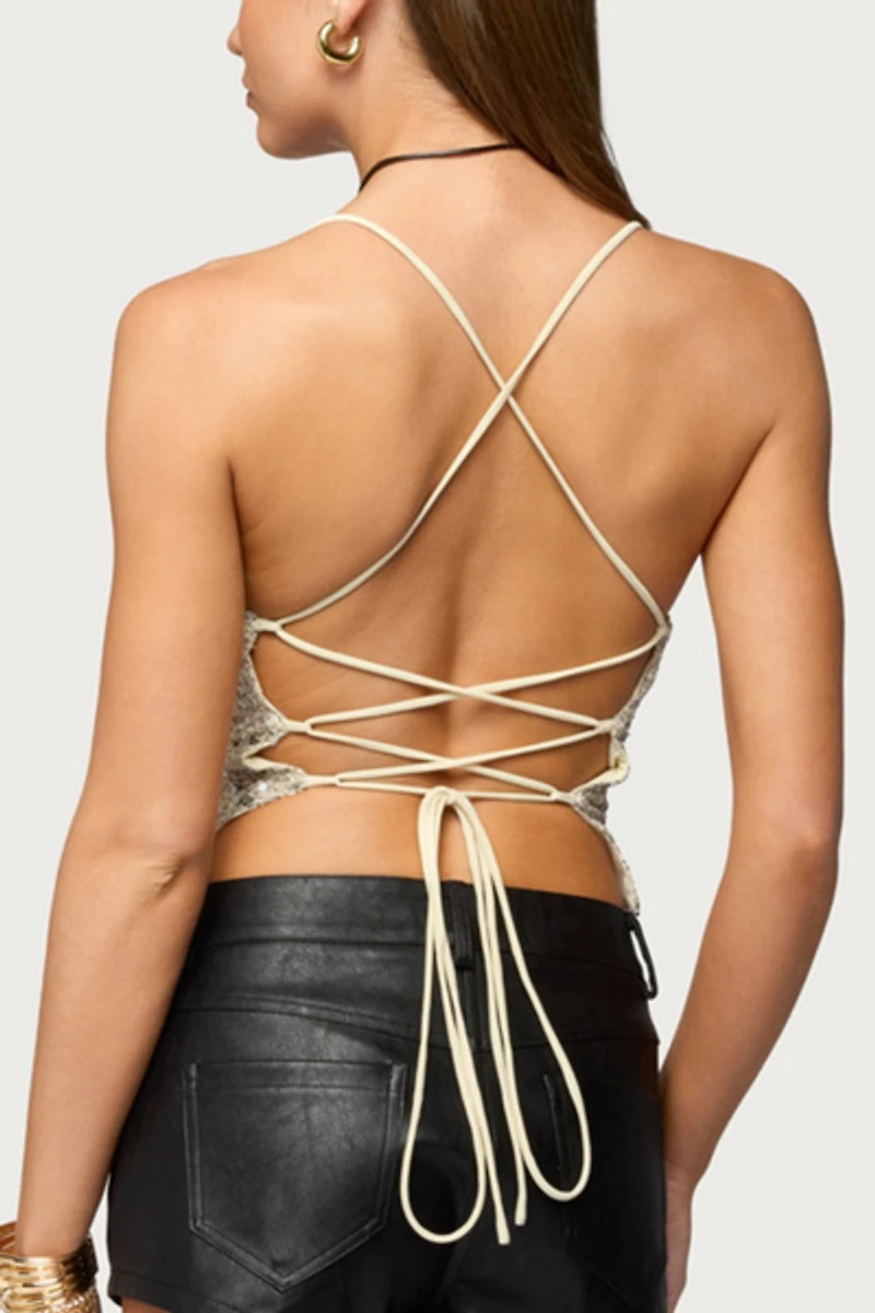 Edikted Sequin Crisscross Backless Cowl Neck Top