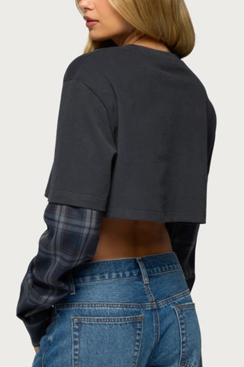 Edikted Plaid Sleeves Layered Crop Top