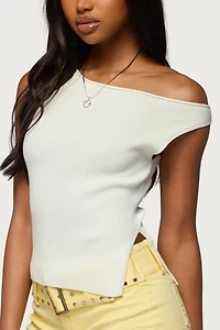 Edikted Myrah Asymmetric Off Shoulder Ribbed Knit Top