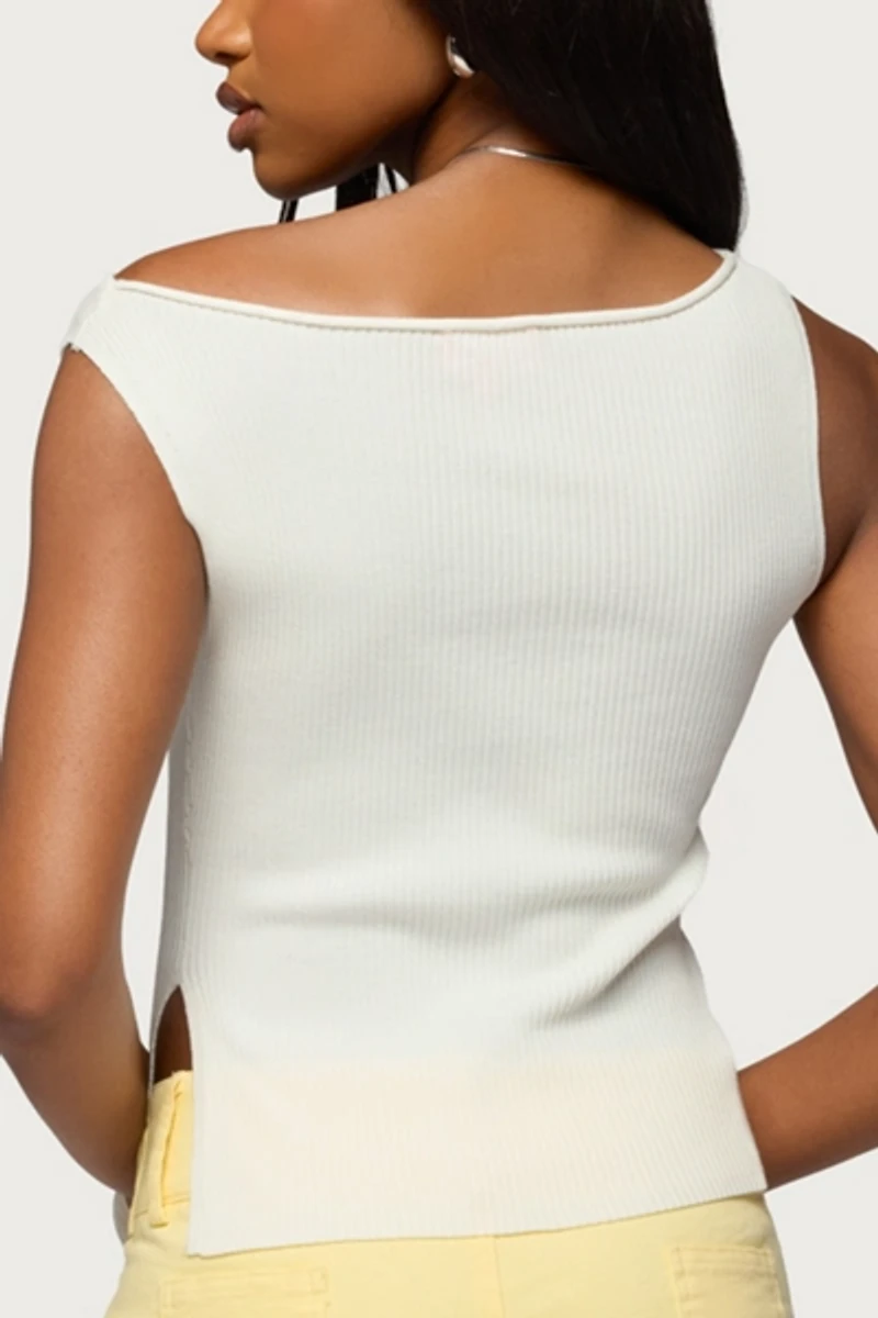 Edikted Myrah Asymmetric Off Shoulder Ribbed Knit Top