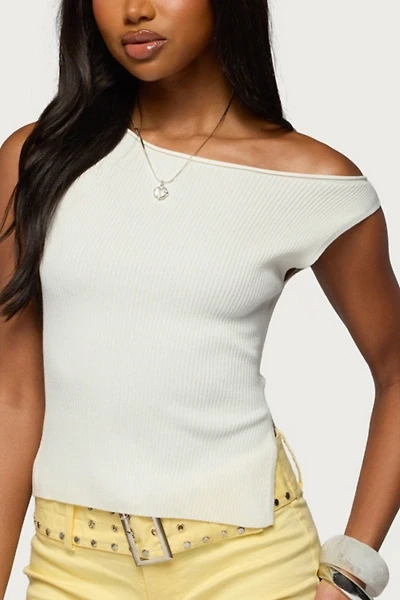 Edikted Myrah Asymmetric Off Shoulder Ribbed Knit Top