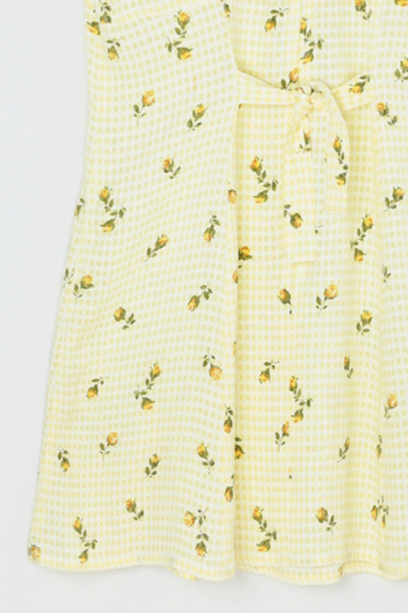 Vintage Y2k Light Yellow Printed Gingham Mini Dress