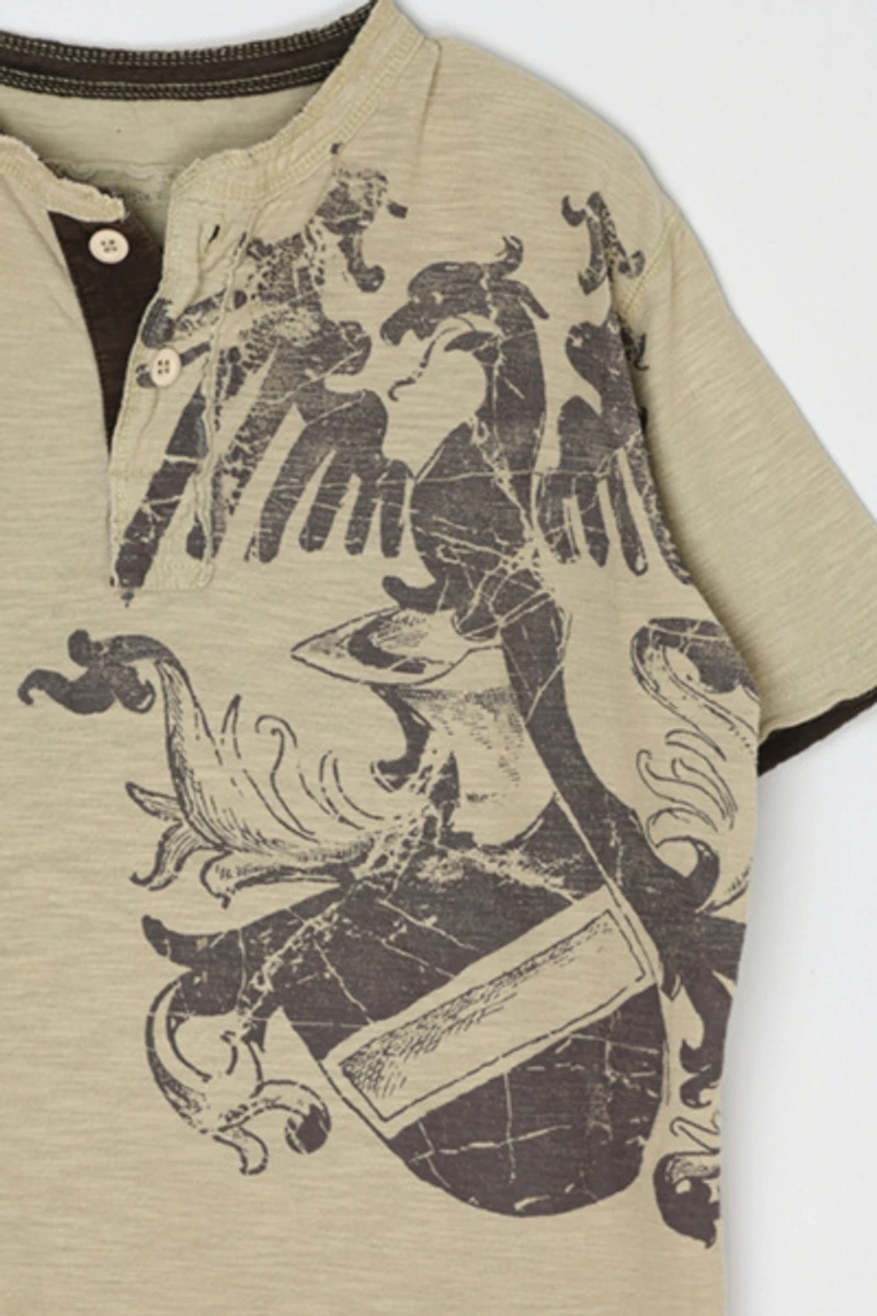 Vintage Y2k Ferruche Button-Neck Graphic T-Shirt