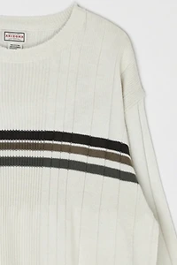Vintage Y2k Light Beige Striped Ribbed V-Neck Sweater
