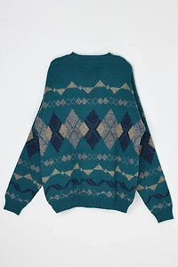 Vintage 90s Teal Argyle V-Neck Sweater