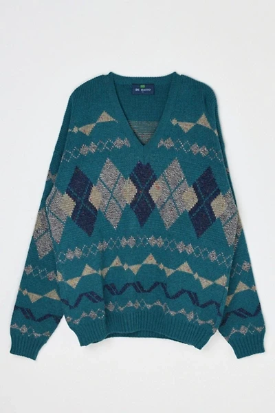 Vintage 90s Teal Argyle V-Neck Sweater
