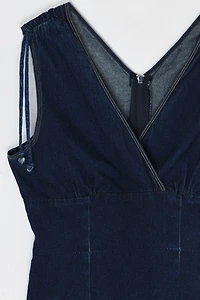 Vintage Y2k Dark Wash Denim Midi Dress with Shoulder Ties