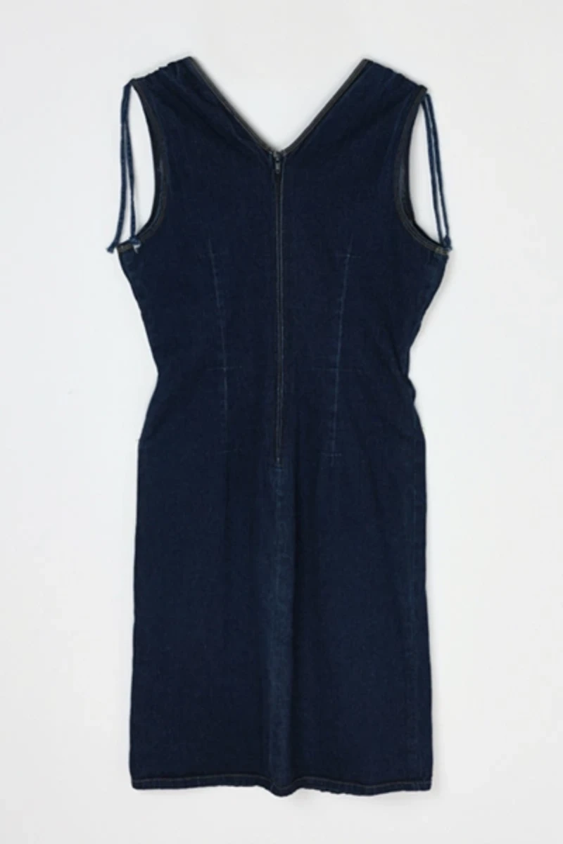 Vintage Y2k Dark Wash Denim Midi Dress with Shoulder Ties