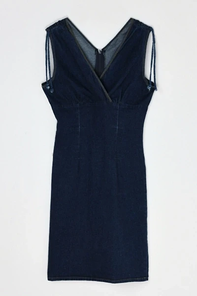 Vintage Y2k Dark Wash Denim Midi Dress with Shoulder Ties