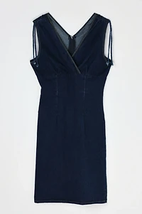 Vintage Y2k Dark Wash Denim Midi Dress with Shoulder Ties