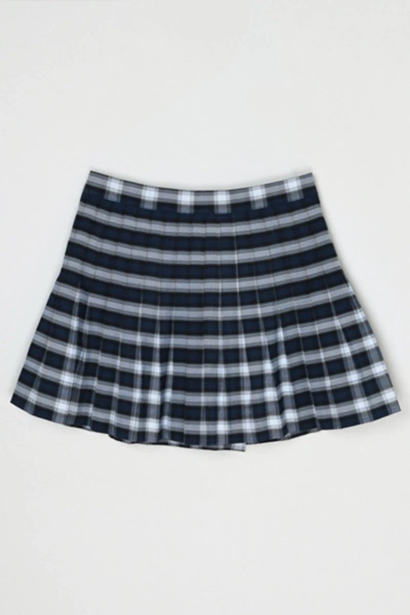 Vintage 90s Blue & White Plaid Pleated Wrap Mini Skirt