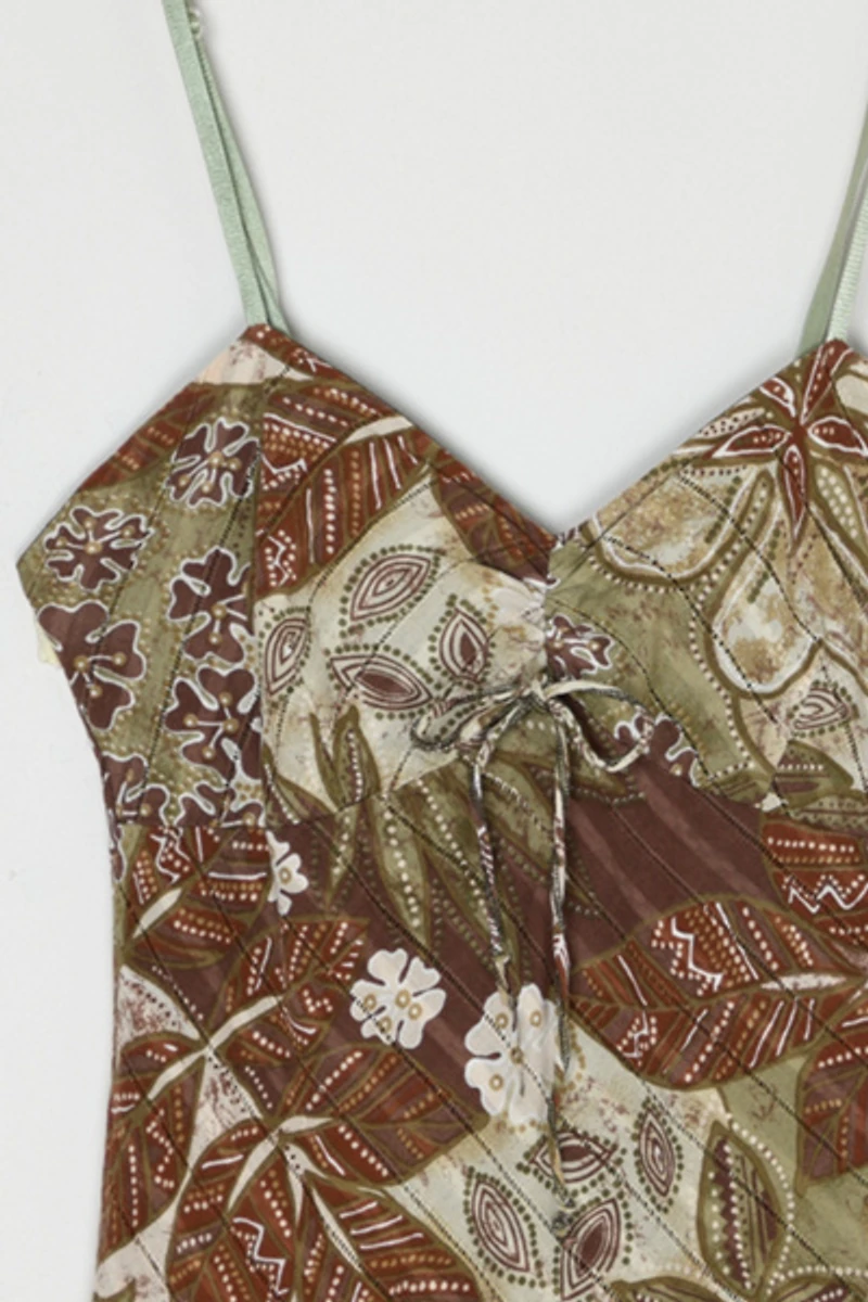 Vintage Y2k Earthtones Printed Mini Dress with Tie