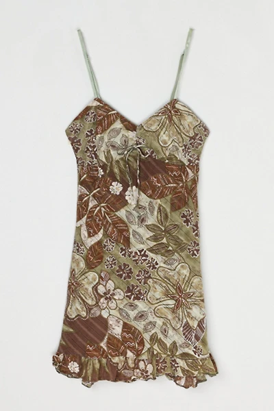 Vintage Y2k Earthtones Printed Mini Dress with Tie