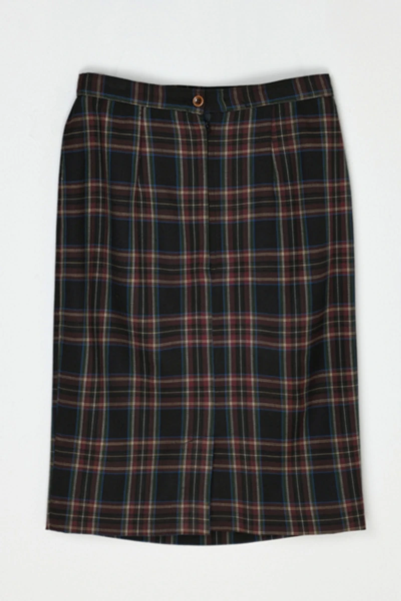 Vintage 90s Black & Dark Red Plaid Midi Skirt