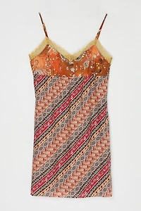 Vintage Y2k Printed Mini Dress with Gold Lace