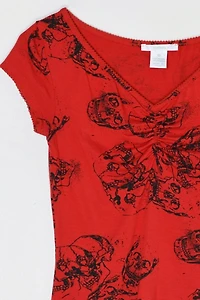 Vintage Y2k Skull Print Ruched V-Neck Top
