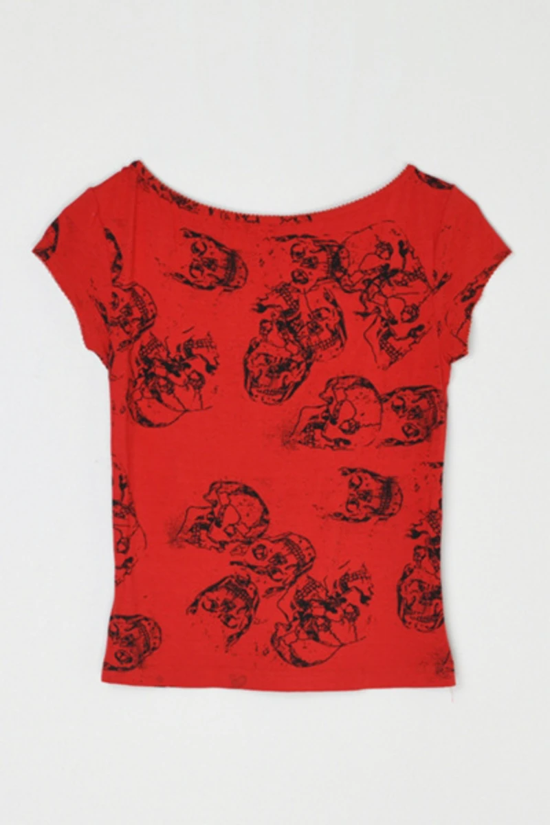 Vintage Y2k Skull Print Ruched V-Neck Top