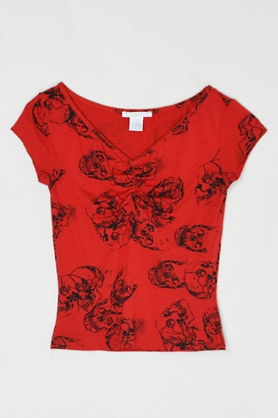 Vintage Y2k Skull Print Ruched V-Neck Top