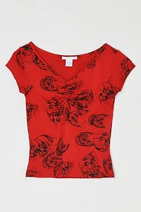 Vintage Y2k Skull Print Ruched V-Neck Top