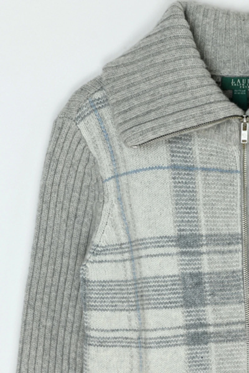 Vintage Y2k Grey Plaid Zip-Up  Knit Jacket