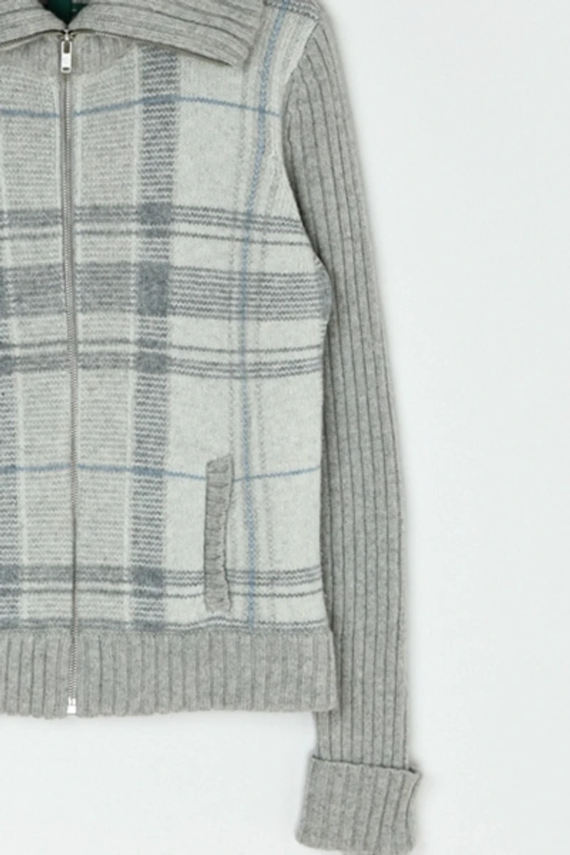 Vintage Y2k Grey Plaid Zip-Up  Knit Jacket