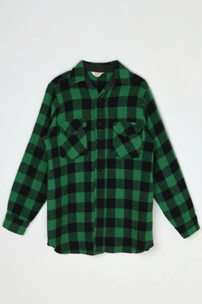 Vintage 70s Green & Black Heavy Wool Flannel Shirt