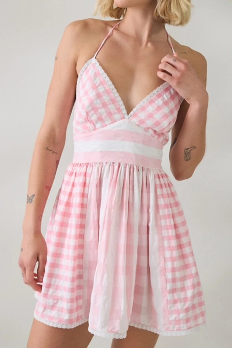 LoveShackFancy Arletta Watermelon Waves Cotton Halter Mini Dress