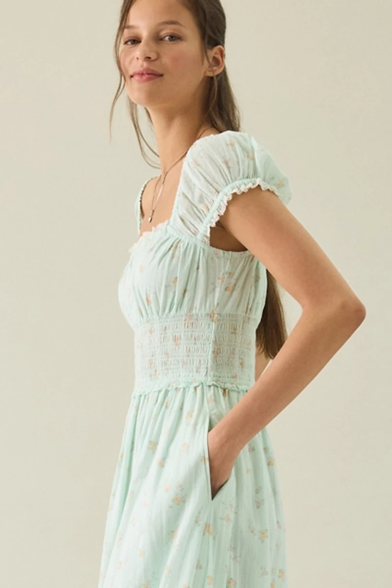 LoveShackFancy Lyssara Puff Sleeve Smocked Midi Dress