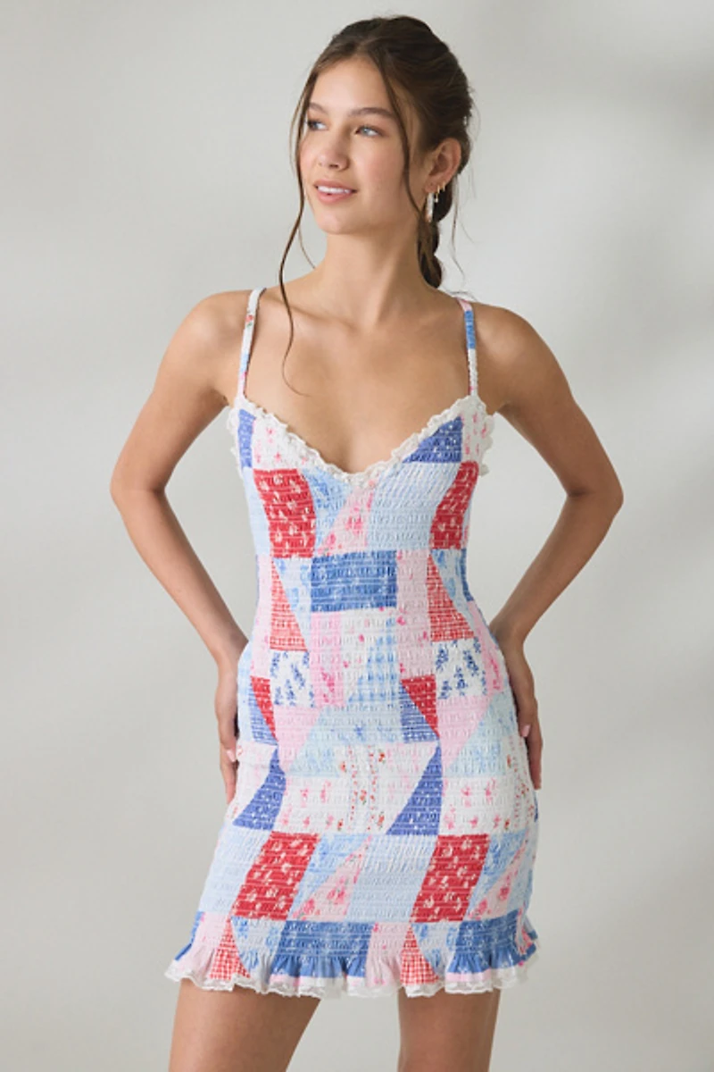 LoveShackFancy Solier Heartland Patchwork Smocked Mini Dress