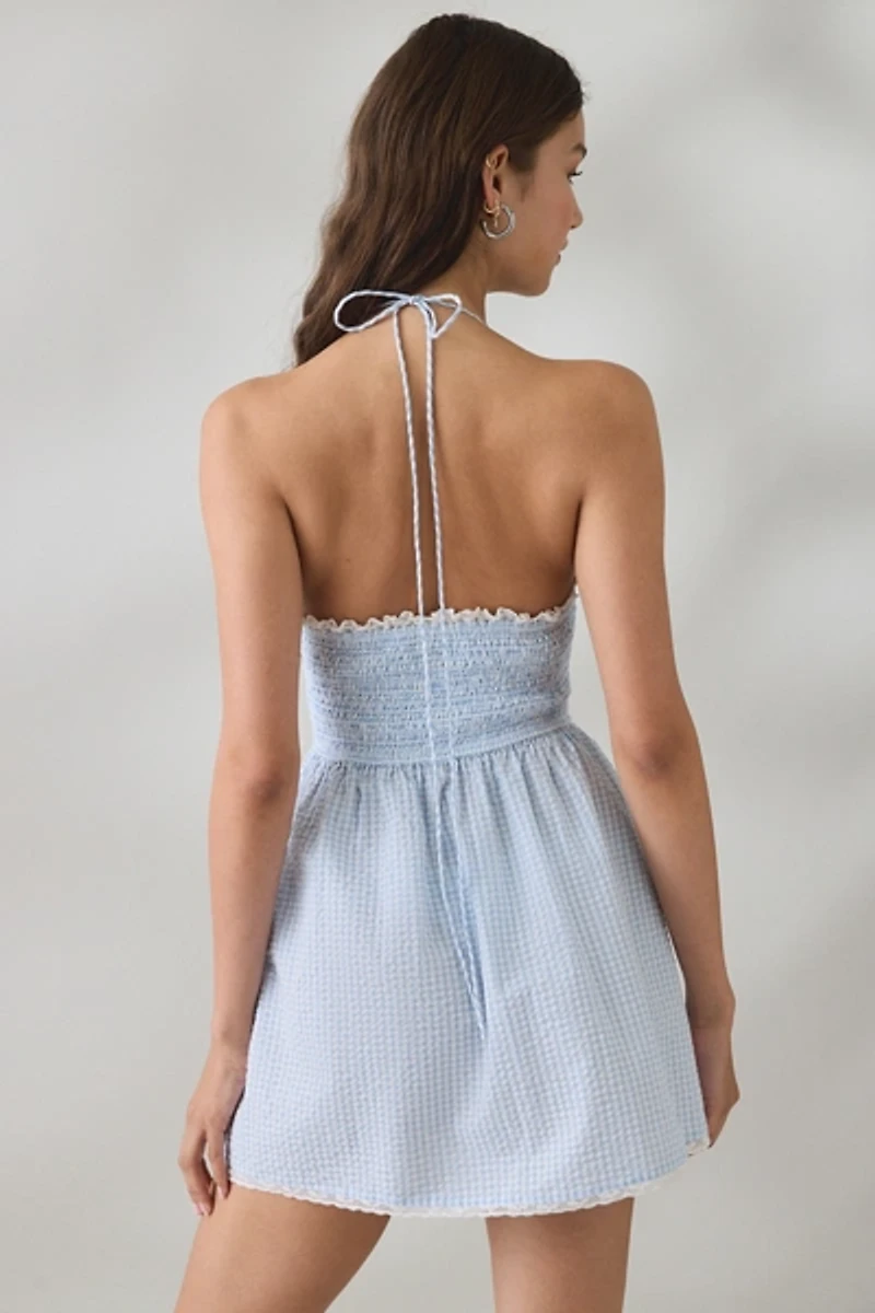 LoveShackFancy Khloe Gingham Halter Neck Mini Dress