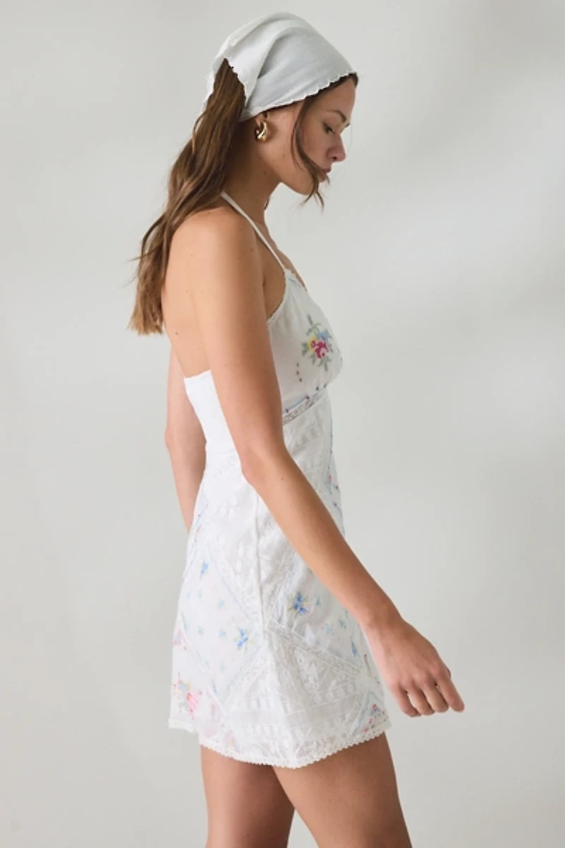 LoveShackFancy Elira Embroidered Patchwork Halter Mini Dress