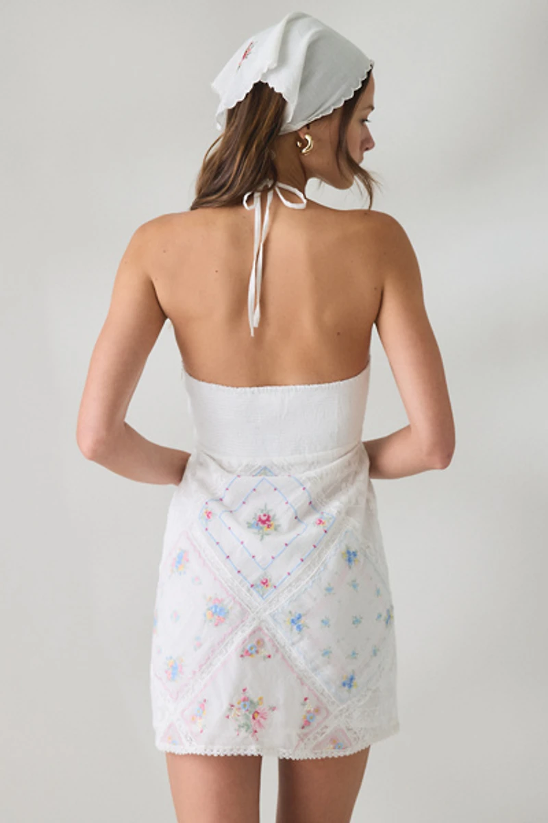 LoveShackFancy Elira Embroidered Patchwork Halter Mini Dress