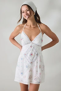 LoveShackFancy Elira Embroidered Patchwork Halter Mini Dress